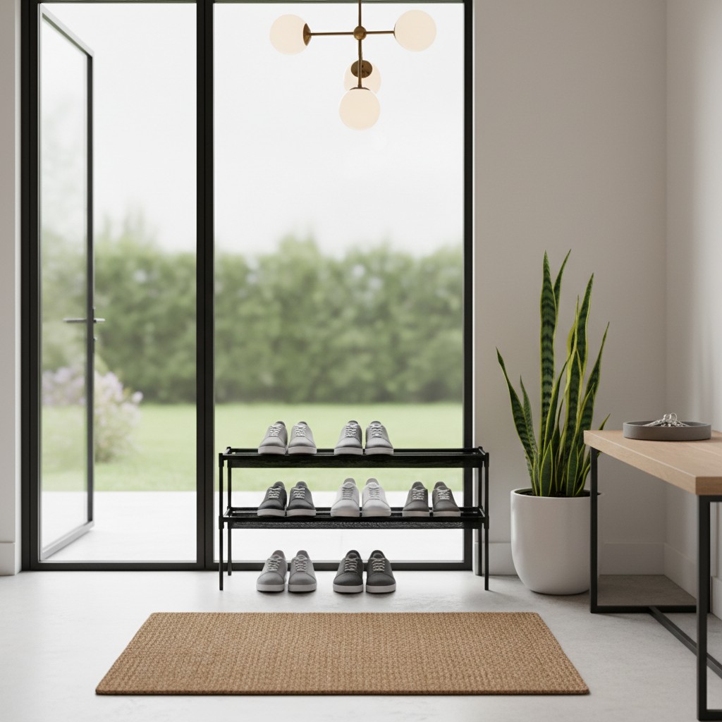 An interior-style hallway with a floor-length glass door, a mat, a bench, four shoe racks, plants, and a chandelier.