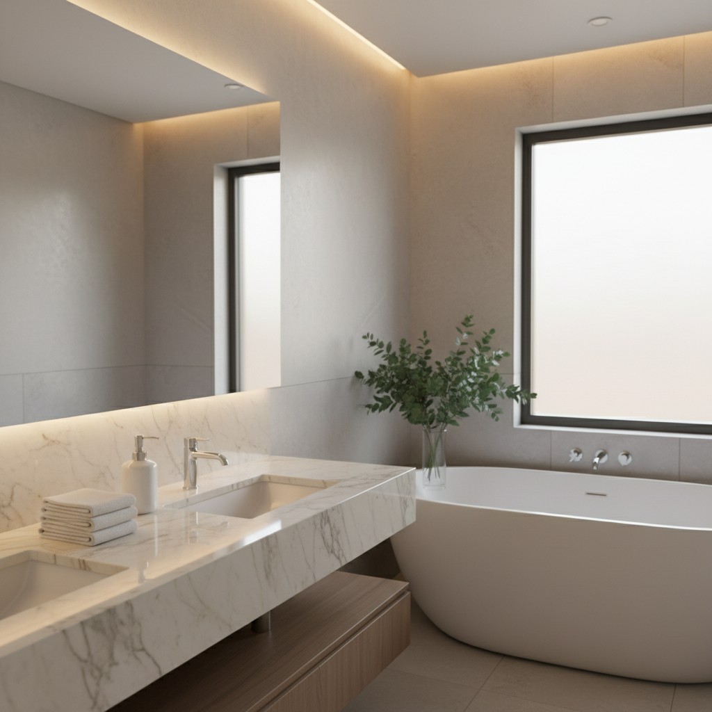 A modern bathroom with white marble countertops, a large white bathtub, and a large window. The bathtub is positioned to t...
